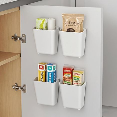 Lot de 4 boîtes de rangement autocollantes pour porte d'armoire de cuisine, organiseur de petits objets pour armoire, salle de bain, réfrigérateur (1/5)