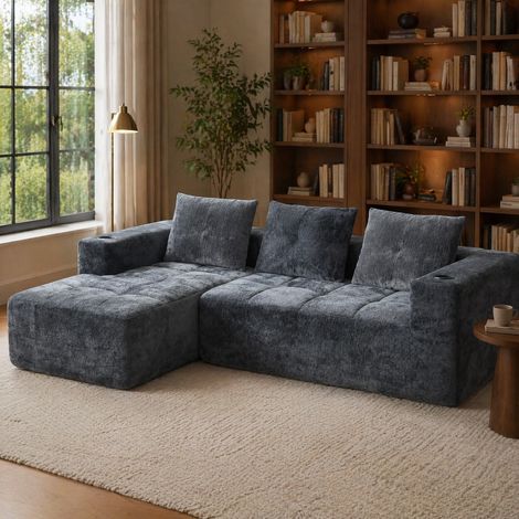 Divano angolare a L 258 cm grigio con 3 cuscini e portabicchieri, REDOM (1/5)