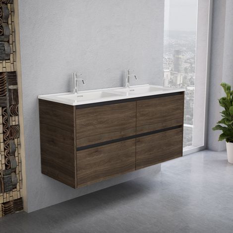 Inda - Badezimmerschrank 4 Schubladen B.120 mit Doppelwaschbecken Hochglanz/Braune Eiche - Smeraldo (1/5)