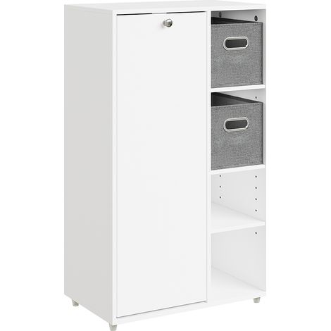 SoBuy  Bathroom cabinet with laundry basket in White  Storage tower with open shelves and door  White melamine shelving unit for bathroom  50×30×85 cm  Load capacity 35 kg  BZR218-W (1/5)