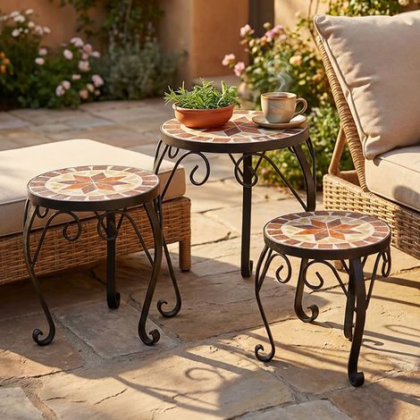 Tabouret de fleur Porte-fleurs Table d'appoint de jardin, design mosaïque différentes tailles, set de 3 pièces (1/5)