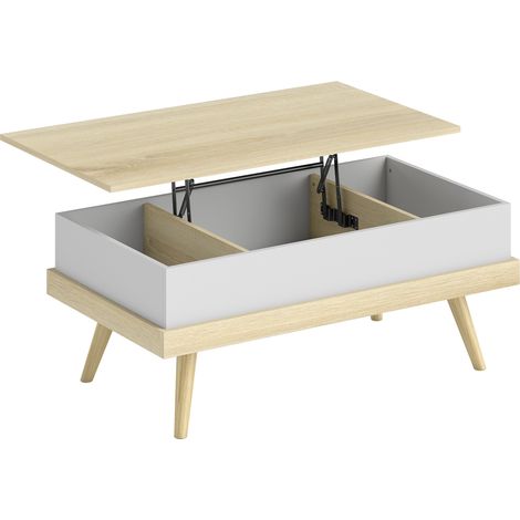 Table basse relevable avec 3 compartiments cachés - 100x79x54 cm, naturel blanc - Table de salon moderne avec pieds en bois - Pour salon - Design pratique (1/5)