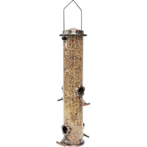 [NIE BENUTZT]1 Stück Vogelfutterspender aus Metall mit 4 Futteröffnungen, Vogelfutterspender in Rohrform mit Stahlhaken, Wildvogelfutterspender aus Hartplastik zum Aufhängen im Freien (1/5)