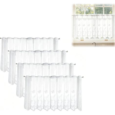 Lot de 4 rideaux brise-bise - 130 x 45 cm - Moderne - Semi-transparent - Motif papillon - Blanc - Translucide - Pour cuisine, salon - Décoration de fenêtre (1/5)