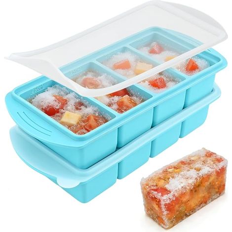 Lot de 2 grands bacs à glaçons en silicone avec couvercle, 4 compartiments pour la préparation des repas, la soupe (1/5)