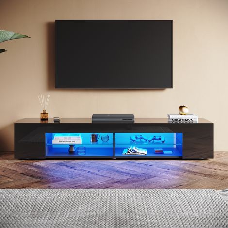 SONNI Hochglanz TV Schrank mit Verstellbaren LED-Lichtern, Offenes Glasregal, Ideal für Wohnzimmer und Schlafzimmer, Schwarz, 1600 x 390 x 300 mm (1/5)