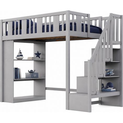 Lit mezzanine 90 x 200 cm avec escalier de rangement, 3 grands compartiments, sécurité enfant, structure en bois gris, pour chambre d’enfant – CHICFURN (1/5)
