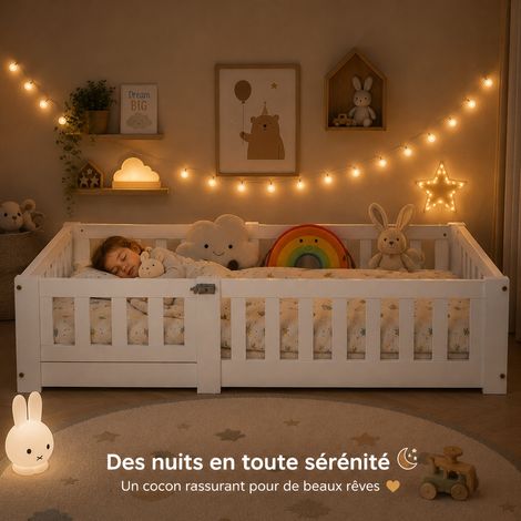 Lit enfant 90x200 avec sommier, Lit Montessori au Sol avec Barrière, Bois Massif de Pin, Jusqu’à 230 kg, Montage Facile, pour Garçon et Fille