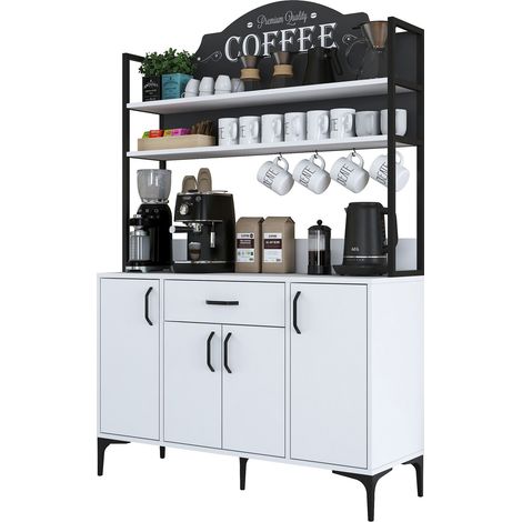Kamin-Sideboard, Kommode mit 4 Böden, 1 Schublade, 4 Türen, 120x40x184h cm Weiß