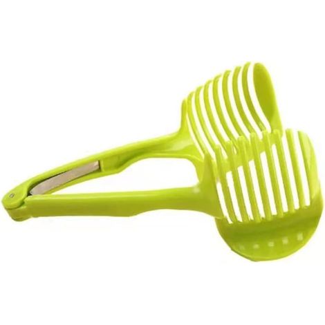 Multifunctional Lemon Slicer Tomato Fruit Melon Fruit Cutter with Long Handle Food Clip Kitchen Tool (Green)