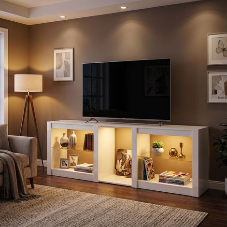 Meuble TV bas avec éclairage LED RGB, meuble TV moderne avec étagères en verre réglables, pour téléviseurs jusqu'à 75 pouces, blanc (1/4)