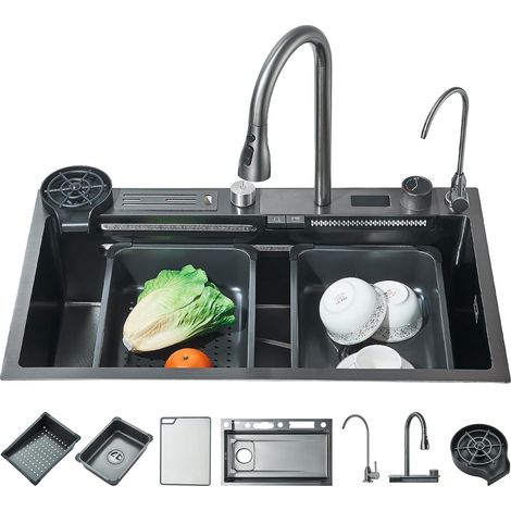 Evier de cuisine Noir Acier inoxydable 75x45cm Evier de cuisine Cascade Multifonctionnel avec Robinet Extensible Set de Robinetterie Machine à Laver Les Tasses Planche à découper Eau Pure Affichage de (1/5)