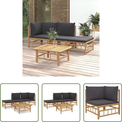 Bambusmöbel - 4-tlg. Garten-Lounge-Set mit Dunkelgrauen Kissen Bambus (1/5)