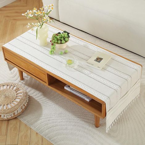 Mantel rectangular de algodón y lino para salón, mantel sencillo con bolsillos y flecos de borlas para mesa de centro o comedor, blanco, 70 x 190 cm. (1/5)