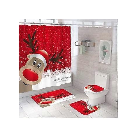 4-teiliges Duschvorhang-Set mit Elchmotiv, inklusive Teppich, WC-Deckelbezug und Badematte für weihnachtliche Badezimmerdekoration