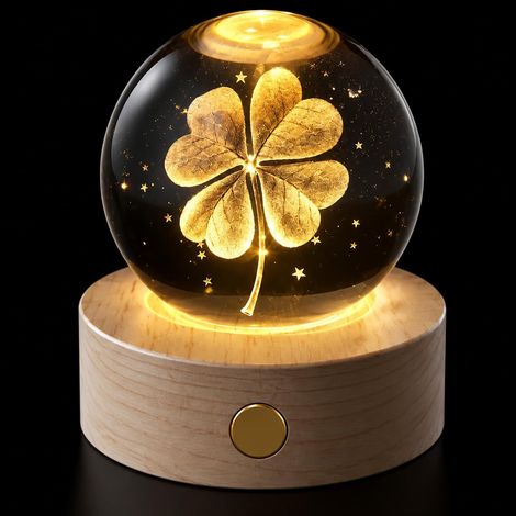 Bola de cristal 3D de 60 mm con forma de trébol de cuatro hojas, base de madera con luz LED, luz nocturna decorativa USB, regalo de amuleto de la suerte para mujeres, decoración de dormitorio y oficin (1/5)