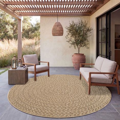 Paco Home Tapis D'extérieur Imperméable Balcon Salon Boho Géométrique Sisal Uni Beige 160 cm rond