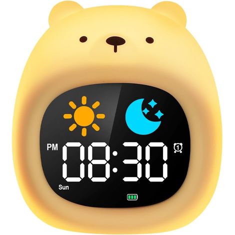 Horloge-réveil numérique pour enfants - Entraîneur de sommeil avec fonction snooze et lumière, 6 sons naturels, simulation de lever de soleil, 8 couleurs RGB, cadeau, ours