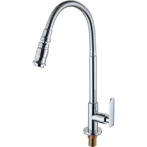 Robinet d'évier de cuisine rotatif à 360 degrés, bar de salle de bain, jardin extérieur, robinet de blanchisserie à col doux d'eau froide unique en cuivre, argent- (1/5)
