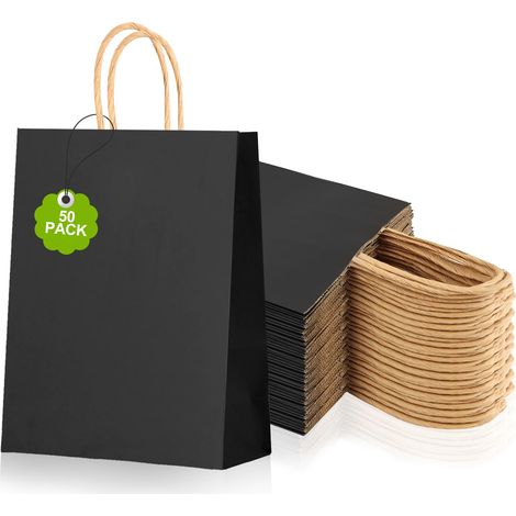50PCS Sacs en Papie Kaft avec Poignées 15x8x21cm,  130g/m² Sacs Cadeaux, Petits Sacs de Fête, Noi Pochette Papie, Pochette Cadeau, Cabas pou Pâtisseie Shopping et les Fêtes de Fin d'année