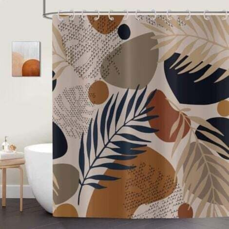Rideau de Douche Bohème Feuilles 180x200 cm, Boho Abstrait Art Feuilles de Palmier Brun Lavable Baignoire Rideau Douche Imperméable Tissu Rideaux de Douche Salle de Bain avec 12 Crochets
