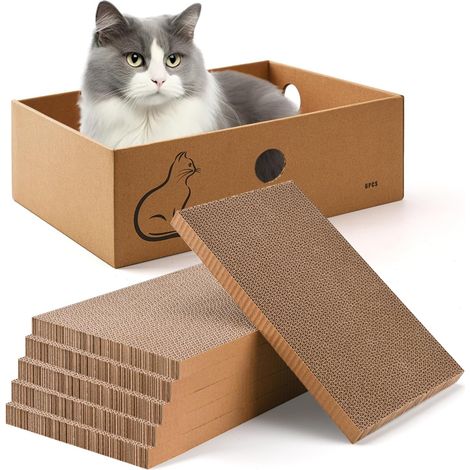 Lot de 6 griffoirs pour Chat avec boîte, Griffeurs en Carton pour Chats d'intérieur, Panneaux à griffer réversibles, 37 cm (L) x 27 cm (l) x 13 cm (H) (1/5)