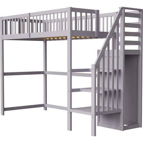 Lit mezzanine 90x200 avec escalier, lit enfant en bois avec étagère de rangement, petite armoire grise