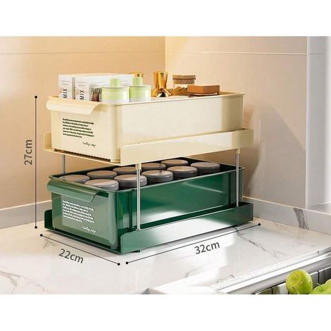 Scaffale da cucina a due livelli, organizer multifunzionale per barattoli di spezie, porta spezie per bottiglie e tazze, organizer per spezie da appoggio, bianco + verde. (1/4)