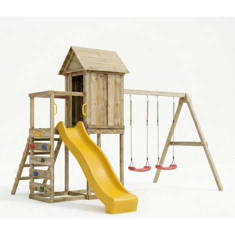 Casetta rialzata per bambini in legno Maxplay 5 con scivolo giallo, doppia altalena e arrampicata (1/5)