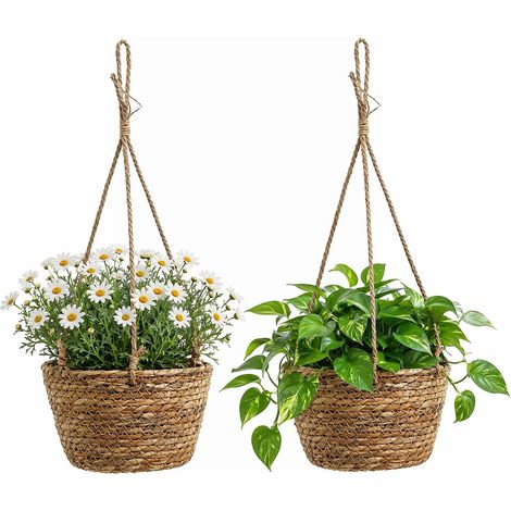2pcs Pot Suspendu Plante Interieur et Exterieur, Suspension Plante en Osier, Cache Pot Suspendu pour Fleurs, Jardiniere Suspendue Pliable avec Doublure Impermeable, Decoration Balcon et Maison (1/5)