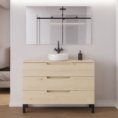 Meuble de salle de bain 120cm avec plateau et vasque à poser ronde - 3 tiroirs - roble calima (bois clair) - RIZA (1/5)