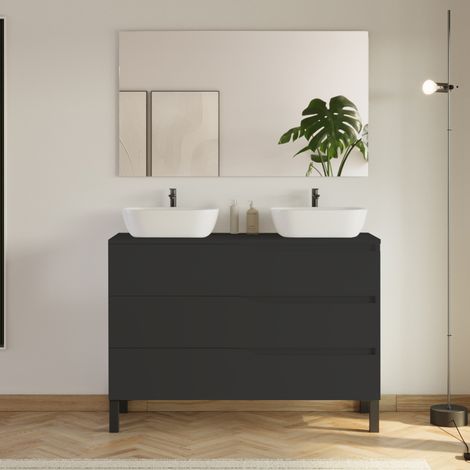 Meuble de salle de bain 120cm avec plateau et 2 vasques à poser Zeus - 3 tiroirs - noir - MATA (1/4)