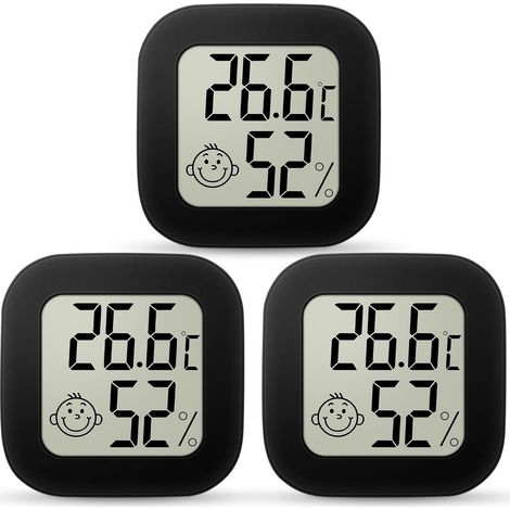 Thermomètre Hygromètre Interieur, 3PCS Mini LCD Termometre Maison, Moniteur de Température et Humidimètre Indicateur du Niveau de Convient pour Les Chambres D'enfants, Maison, Bureau (Noir) (1/5)