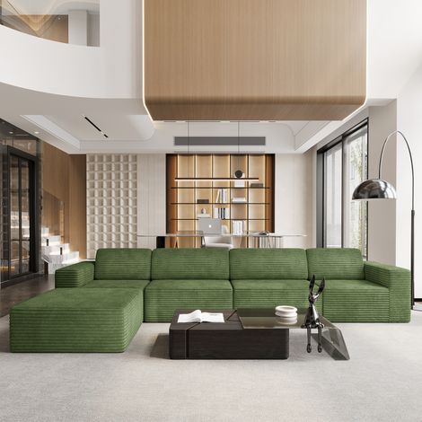 Canapé d'angle 4 Places Modulaire en Velours côtelé avec 1 pouf,Canapé Compressé,Sans Assemblage,404x202x82cm,Vert