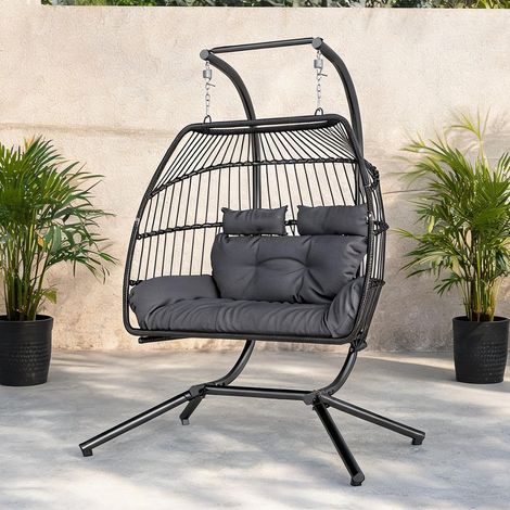 Fauteuil suspendu 2 places en polyratan gris foncé avec coussin (1/5)