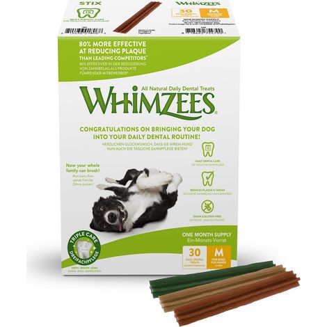 WHIMZEES Stix, Fondo Mensile, Stix da Masticare Per l'igiene Dentale per Cani di Media Taglia (12-18kg), Ingredienti Naturali, Senza Cereali, 30 Pezzi (1 Mese di Fornitura), Taglia M (1/5)