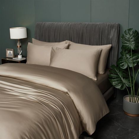 Parure de lit d'été en bambou marron 200 x 220 cm avec housse de couette 200 x 220 cm et 2 taies d'oreiller 80 x 80 cm - Pour lit double - Respirante et douce - Avec fermeture éclair - Taupe (1/5)