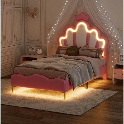 lit chambre couchage LED réglable 90x200 rose couronne OKMYHOME (1/5)