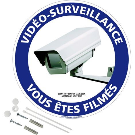 Panneau de signalisation rétro réfléchissant rond prépercé PVC ou ALU diam 250mm ou 300mm + Kit de fixation pour pose facile, rapide - Vidéo-surveillance vous êtes filmés - Plastique PVC 1 mm - Rétror