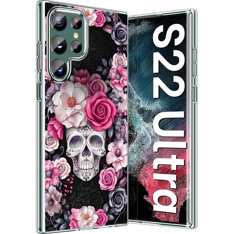 FUNDA PARA SAMSUNG GALAXY S22 ULTRA NEGRA FLORES ROSAS CALAVERA PROTECTORA (1/5)