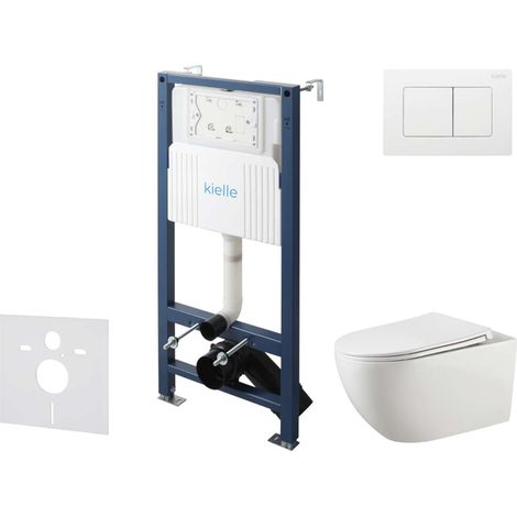 kielle Genesis New - Set bâti-support, WC Gaia, sans rebord, siège à fermeture progressive et bouton-poussoir Gemini New III, blanc brillant 30528SS16