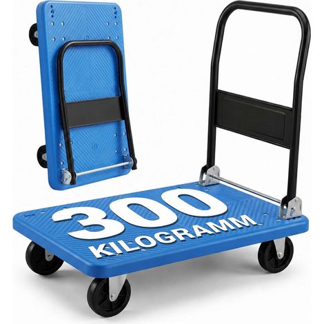 Relaxdays Transportwagen bis 300 kg, klappbar, Plattformwagen, Griff, 2 Lenkrollen, große Ladefläche, Handkarre, blau