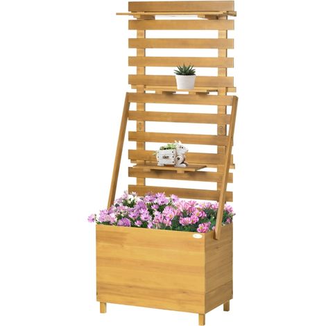 Lit surélevé en bois marron 63x39x160 cm, avec treillis et 3 tablettes, bac de culture pour plantes grimpantes