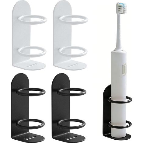 Electric Toothbrush Holder, 4 Pieces Wall Mounted Electric Toothbrush Holder, Self-Adhesive Toothbrush Holder with Drain Hole, No Drilling, for Bathroom (White, Black) (1/5)