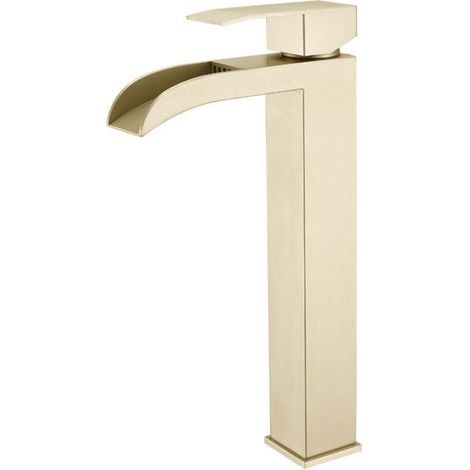 Robinet de lavabo sur pied, en acier inoxydable 304, revêtement PVD, finition or brossé. (1/4)