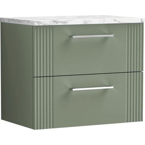 Nuie Deco Wall Hung 2-Drawer Vanity Unit with Carrera Marble Worktop 600mm Wide - Satin Green (1/4)