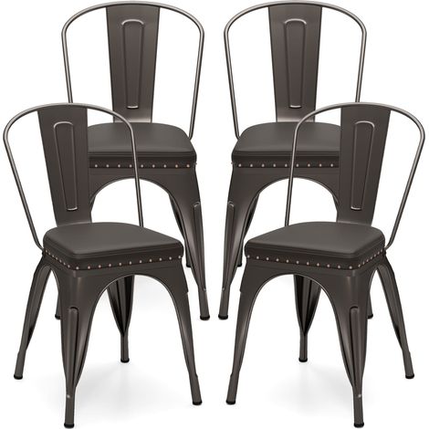 COSTWAY Metal Dining Chair Set of 4 Indoor Stackable Kitchen Chairs-Gun Grey (1/5)