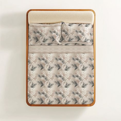 Completo Lenzuola Foglie Beige Sabbia - 100% Cotone - Stampa Naturale Elegante - Made in Italy, Traspirante 1 PIAZZA E MEZZA