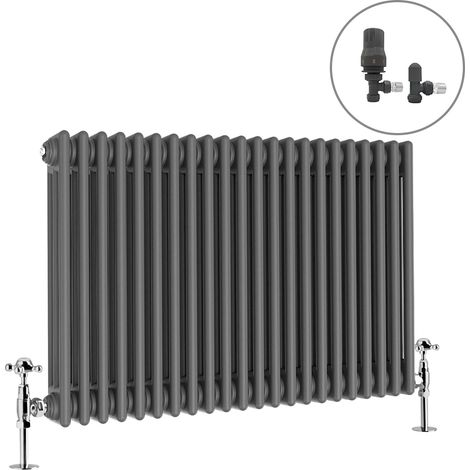 Traditional Radiator Anthracite Cast Iron Style Rads with Angled Thermostatic Valves Horizontal 3 Column 600x1012mm (1/4)