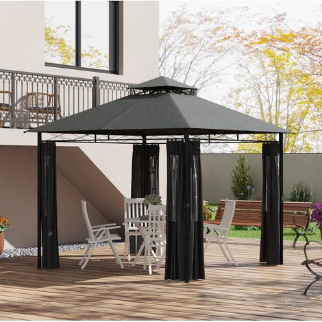 Pabellón jardín 3x3 m con cortinas y doble techo OKMYHOME (1/5)
